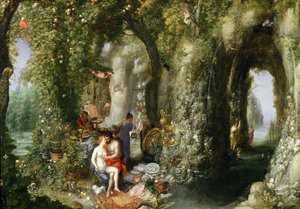 Uma caverna fantástica com Odysseus e Calypso